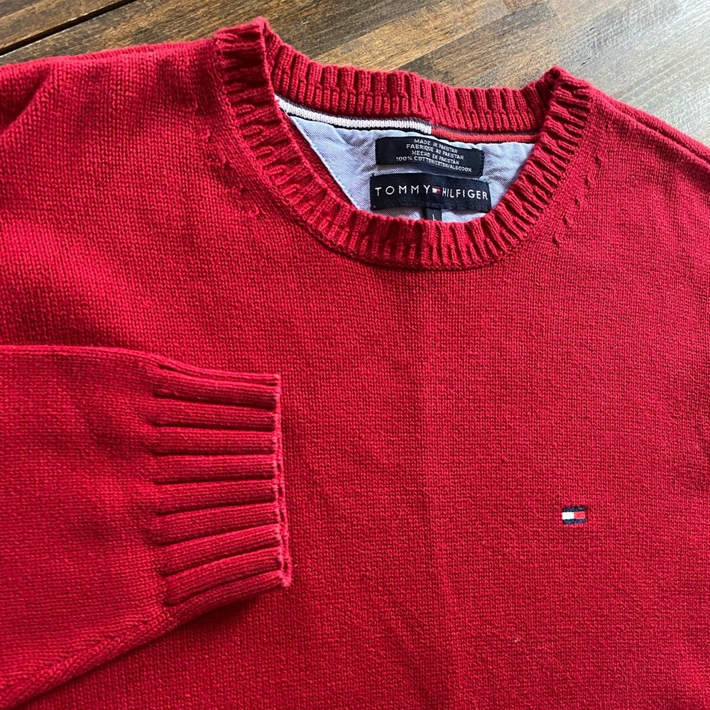 Tommy Hilfiger Mens Sweater Large Red Pullover Crewneck Long Sleeve Logo VTG